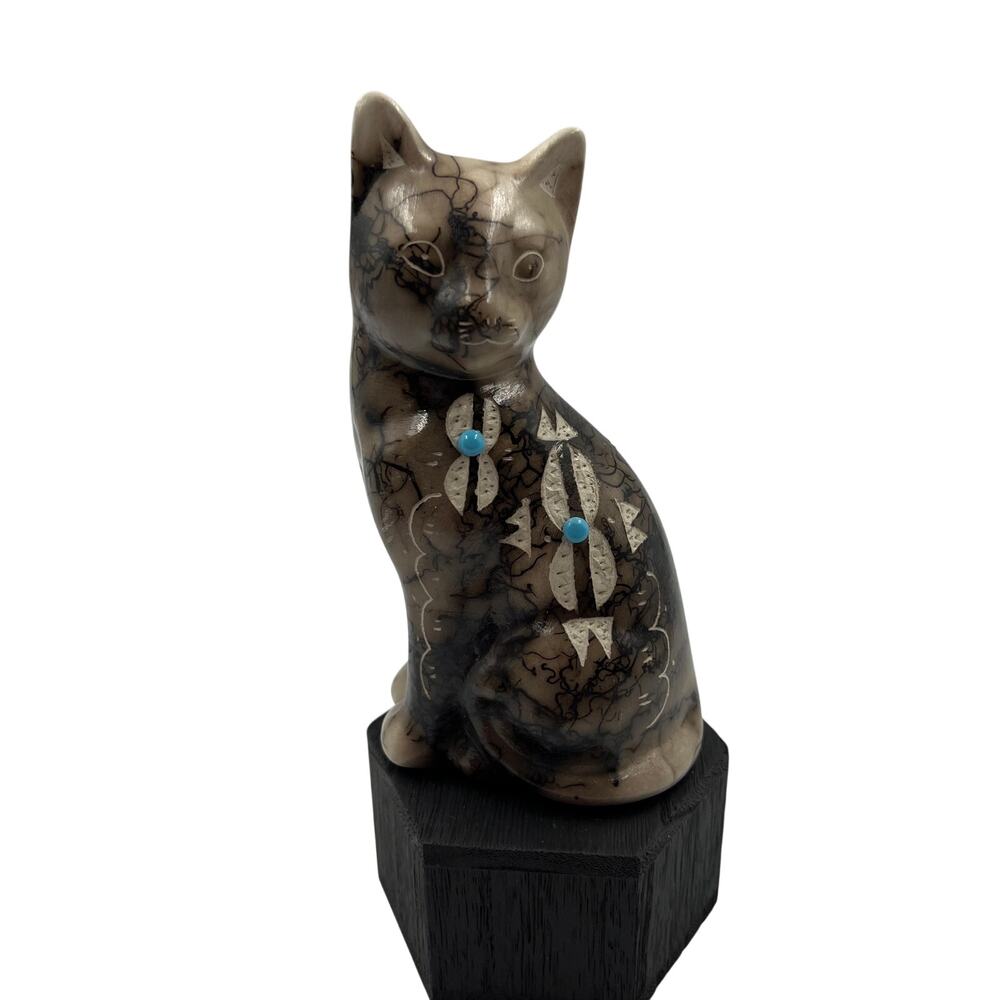 Vtg Native American Navajo Horse Hair Cat Statue‎ Figurine Turquoise Carved 7"
